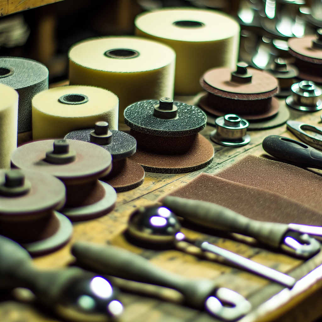 Close-up of various abrasive tools neatly arranged