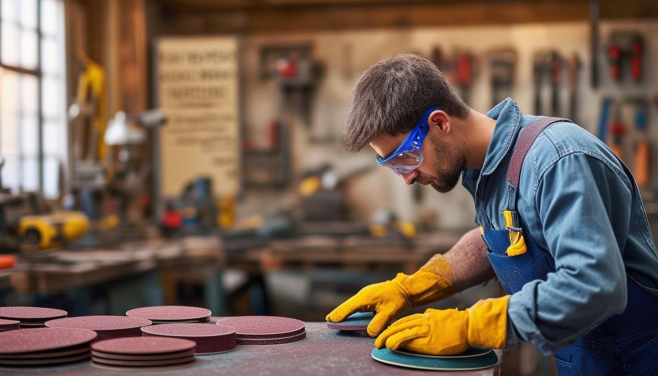 The image features a well-organized workshop with various abrasive materials displayed on a shelf. Different types of abrasives are neatly arranged, i