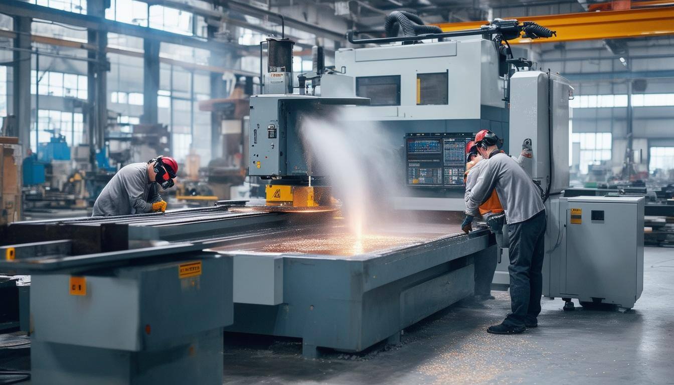 The image showcases a precision finishing workshop with three distinct grinding stations. On the left, a wet grinding station features a large, circul